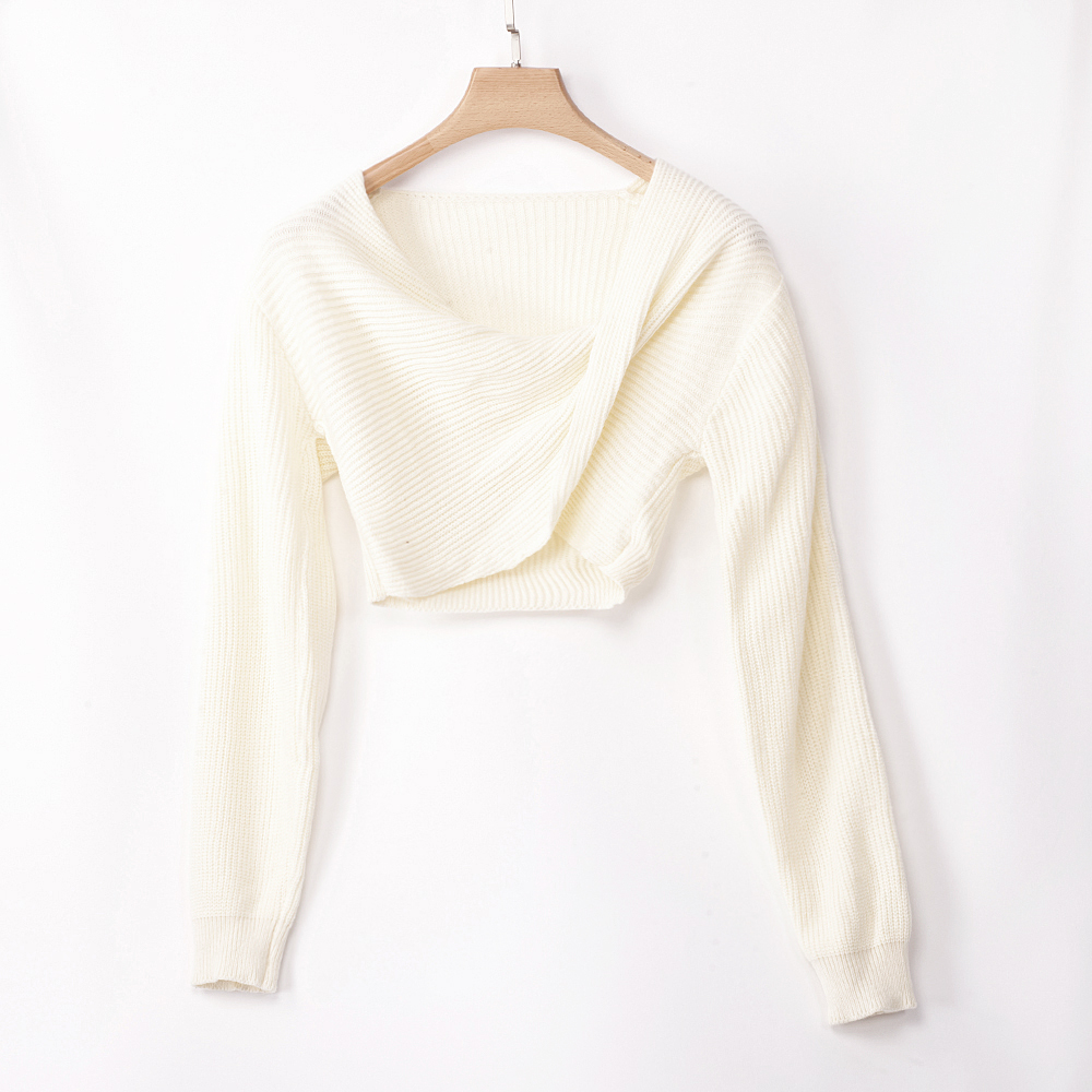 SZ60242-2 White Twisted V Neck Long Sleeve Sexy Cropped Sweater Top